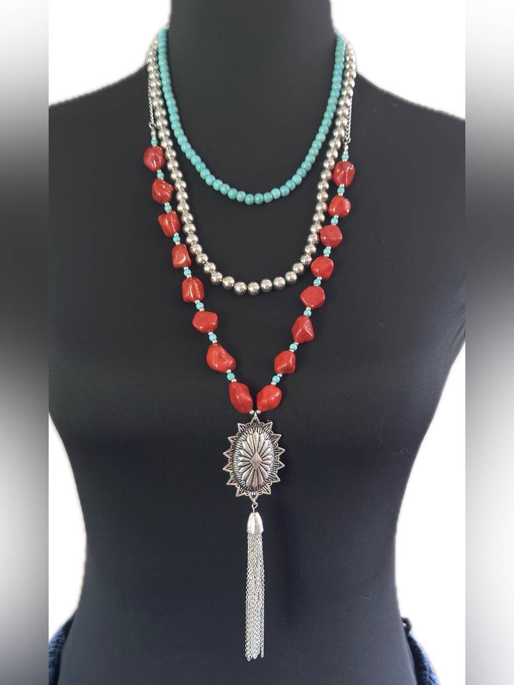Shyanne Turquoise & Coral Multi-Strand Pendant Necklace with Silver Tassel